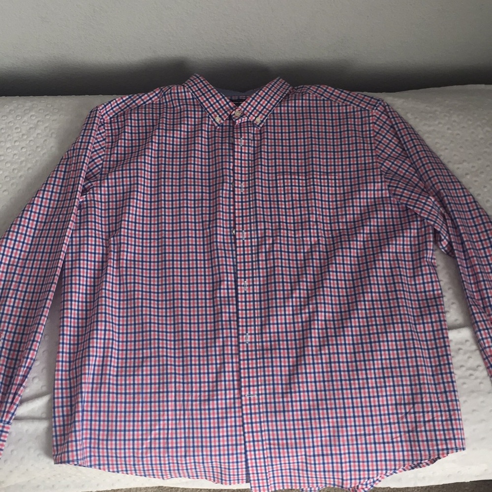 Blue pink and white checkered dress shirt